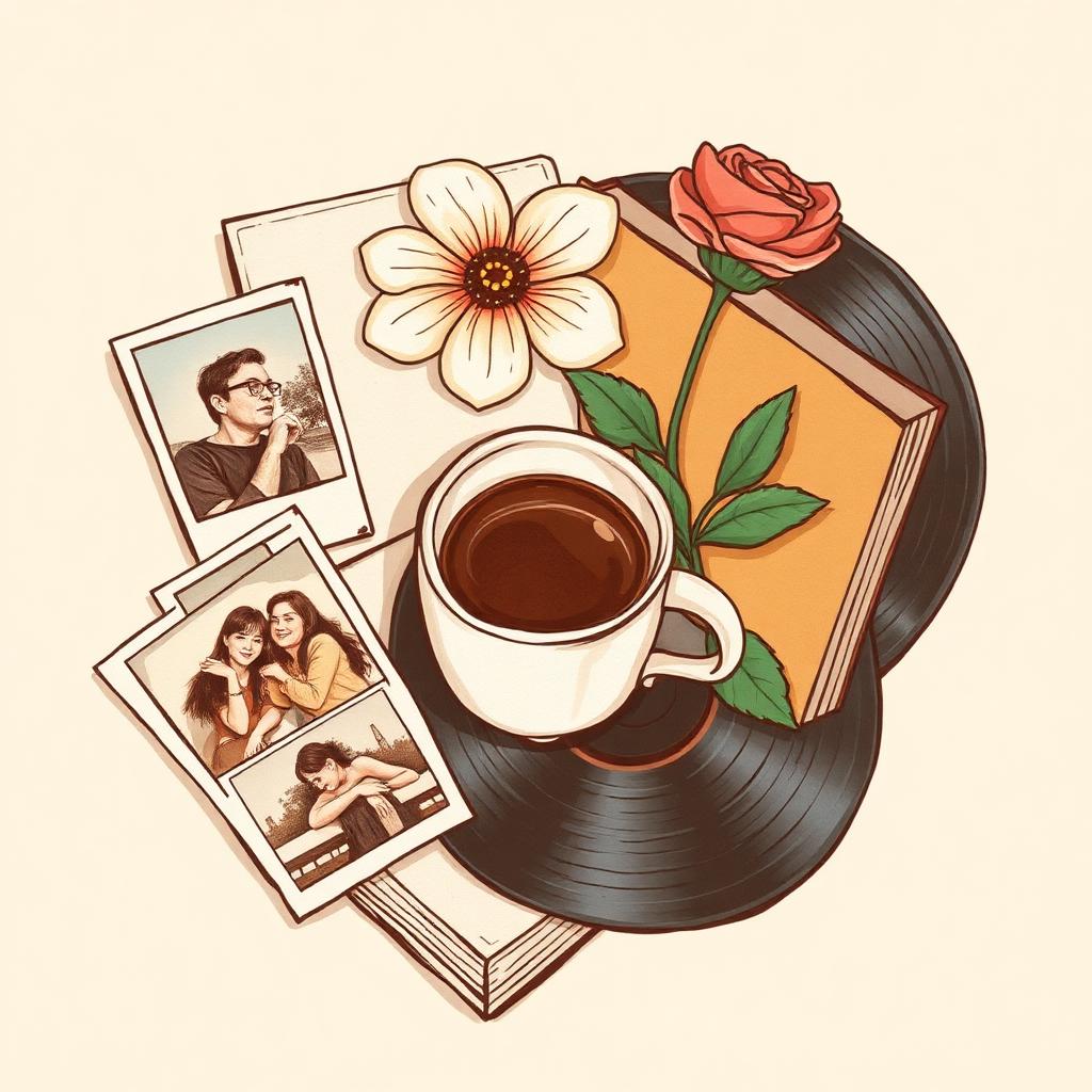 Objetos de memória: fotos, café, flor, livro e disco